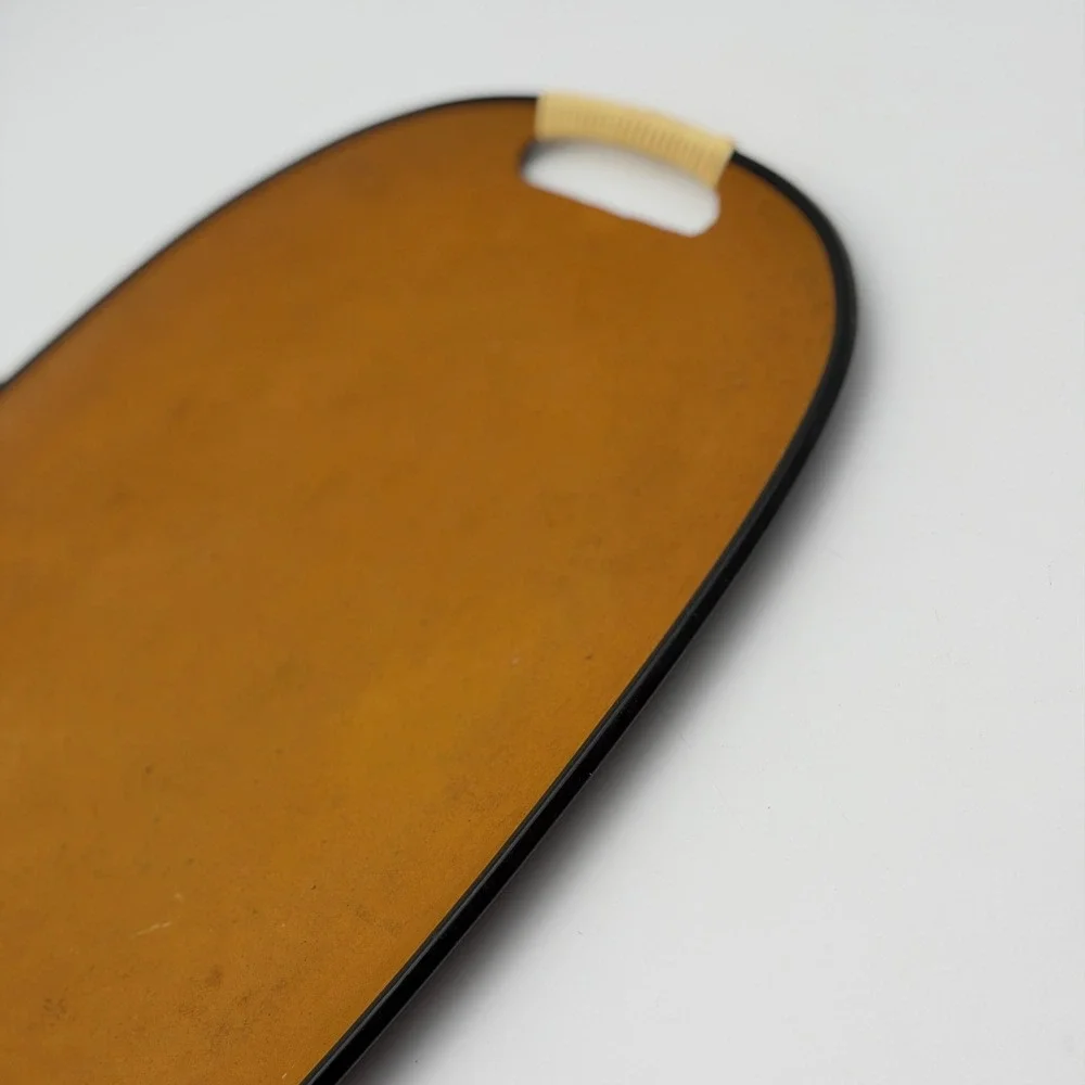 Vtg Mid Century Modern Mustard Yellow Faux Leather Wicker Handle Serving Tray
